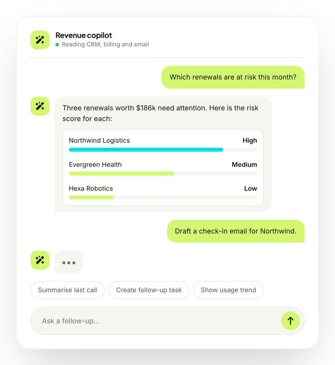 Revenue copilot conversation: Which renewals are at risk this month?