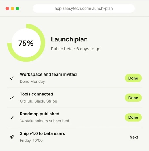 Launch plan checklist with progress and upcoming tasks