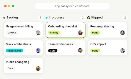 Kanban product board with backlog, in progress and shipped columns