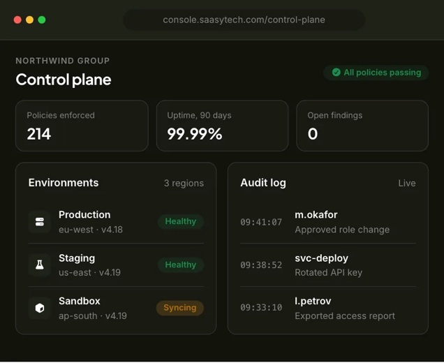 Control plane dashboard with environments, audit log and policy status