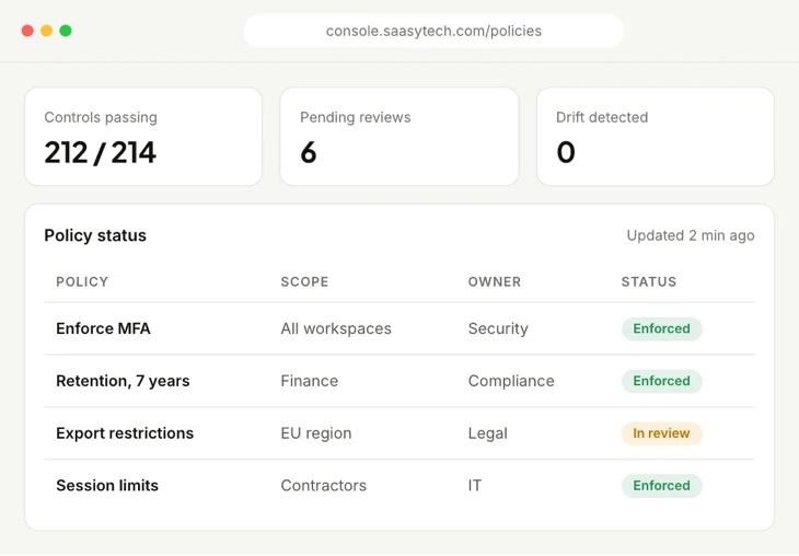 Policy status table listing enforced security policies, scope, owner and status